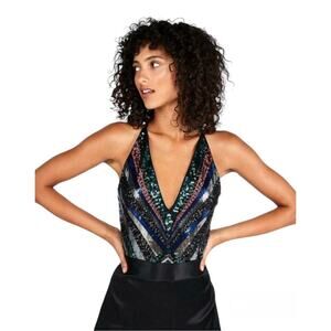 NWT Express Sequin Sleeveless Bodysuit Women's Medium Colorful Going Out Rave